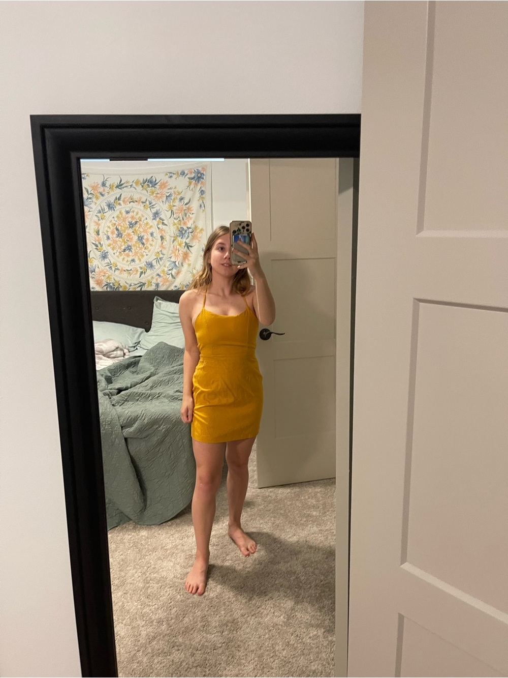 SHEIN Mustard Yellow Mini Bodycon Spaghetti Strap Dress